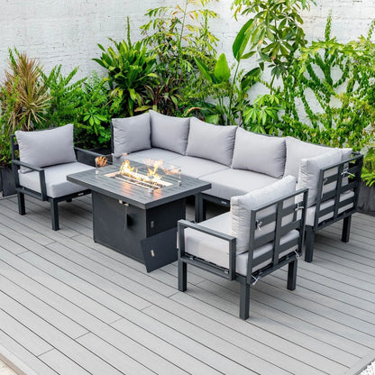 Chelsea 7-Piece Patio Sectional Set in Black Aluminum with Fire Pit Table - Elax Furniture