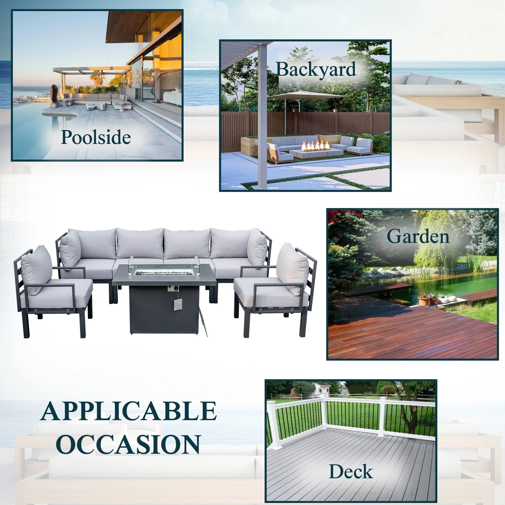 Chelsea 7-Piece Patio Sectional Set in Black Aluminum with Fire Pit Table - Elax Furniture