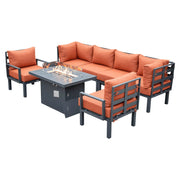 Chelsea 7-Piece Patio Sectional Set in Black Aluminum with Fire Pit Table - Elax Furniture