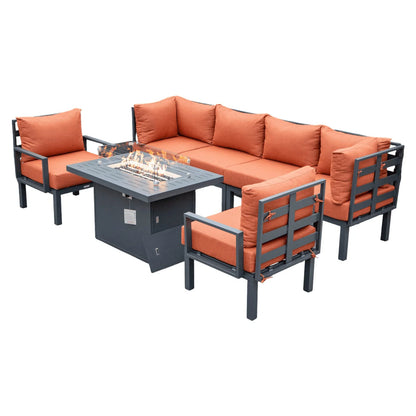 Chelsea 7-Piece Patio Sectional Set in Black Aluminum with Fire Pit Table - Elax Furniture
