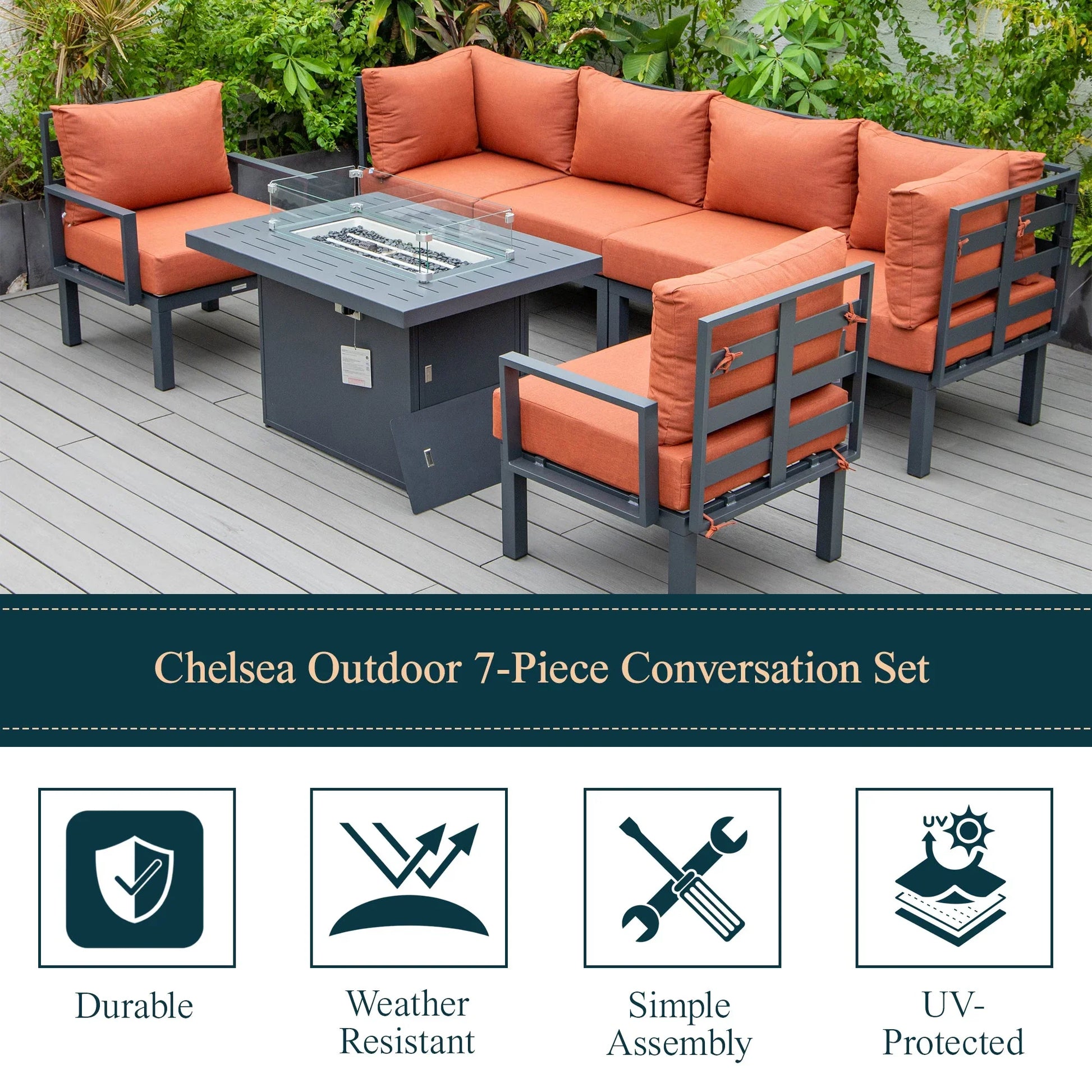 Chelsea 7-Piece Patio Sectional Set in Black Aluminum with Fire Pit Table - Elax Furniture