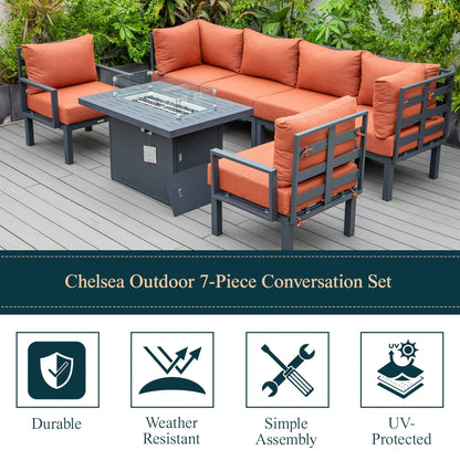 Chelsea 7-Piece Patio Sectional Set in Black Aluminum with Fire Pit Table - Elax Furniture