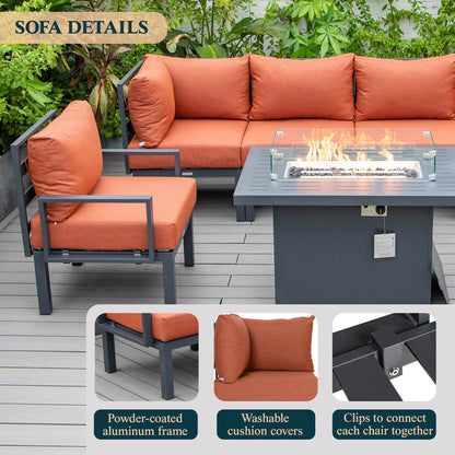 Chelsea 7-Piece Patio Sectional Set in Black Aluminum with Fire Pit Table - Elax Furniture