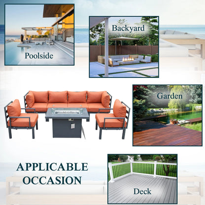 Chelsea 7-Piece Patio Sectional Set in Black Aluminum with Fire Pit Table - Elax Furniture