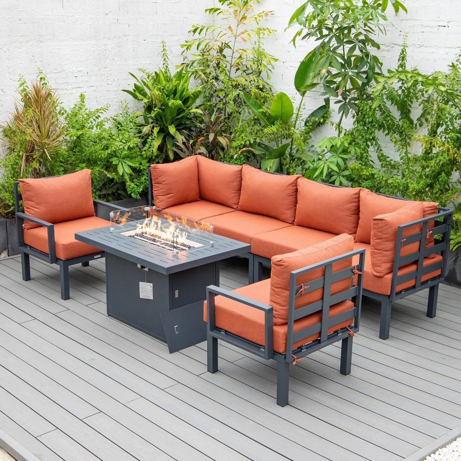 Chelsea 7-Piece Patio Sectional Set in Black Aluminum with Fire Pit Table - Elax Furniture