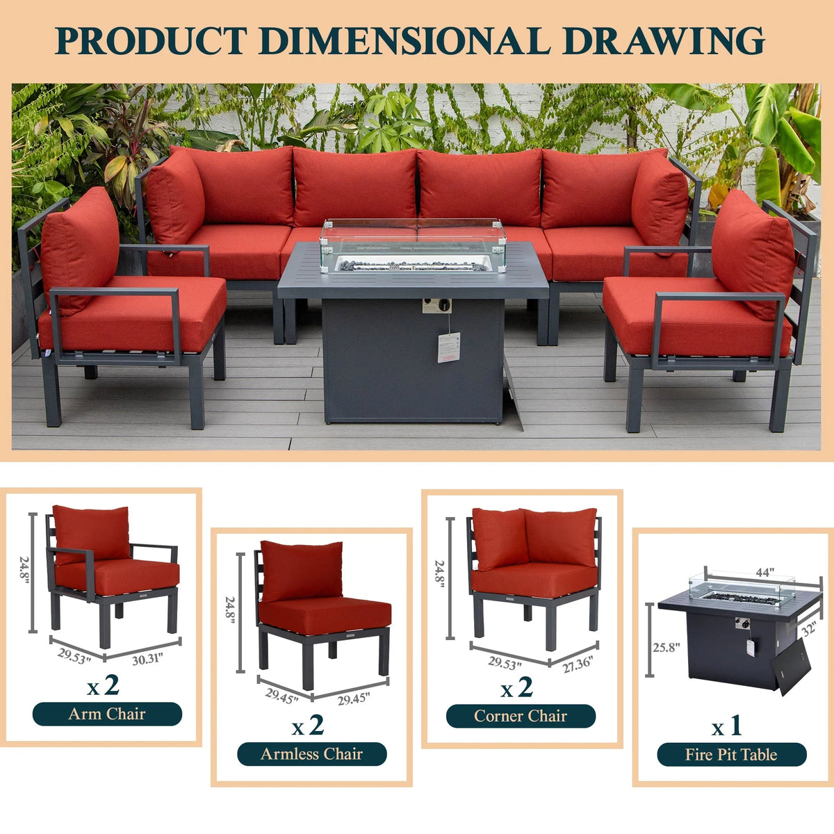 Chelsea 7-Piece Patio Sectional Set in Black Aluminum with Fire Pit Table - Elax Furniture