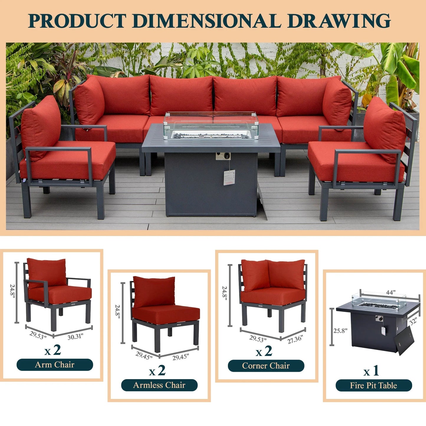 Chelsea 7-Piece Patio Sectional Set in Black Aluminum with Fire Pit Table - Elax Furniture