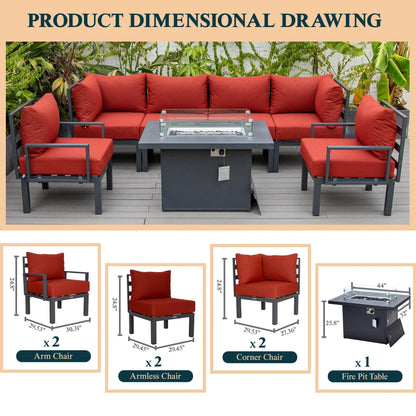 Chelsea 7-Piece Patio Sectional Set in Black Aluminum with Fire Pit Table - Elax Furniture