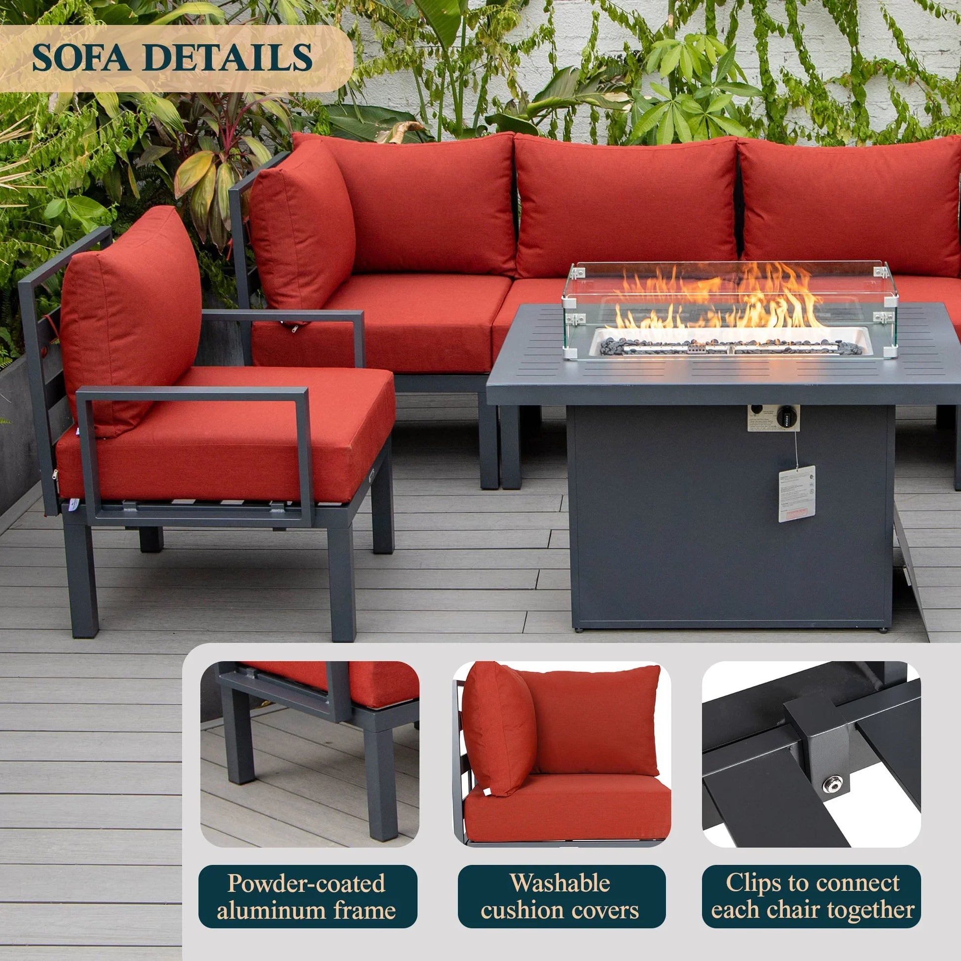 Chelsea 7-Piece Patio Sectional Set in Black Aluminum with Fire Pit Table - Elax Furniture