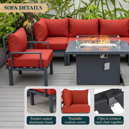 Chelsea 7-Piece Patio Sectional Set in Black Aluminum with Fire Pit Table - Elax Furniture
