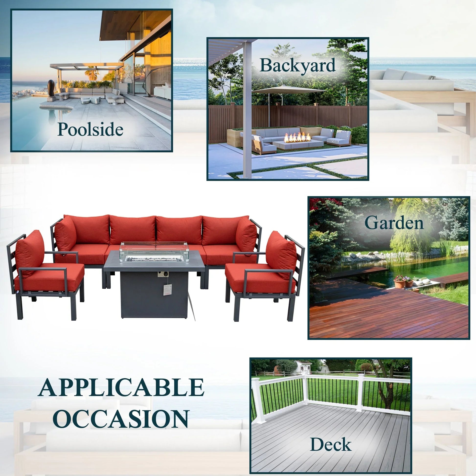 Chelsea 7-Piece Patio Sectional Set in Black Aluminum with Fire Pit Table - Elax Furniture