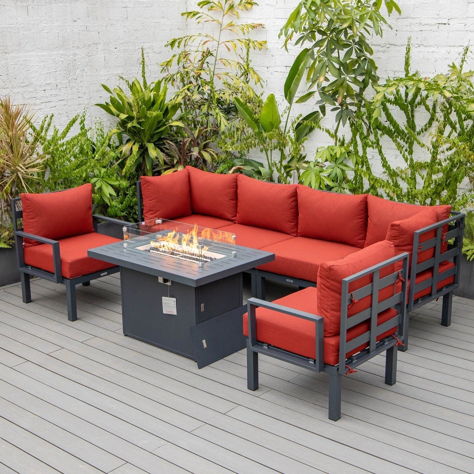 Chelsea 7-Piece Patio Sectional Set in Black Aluminum with Fire Pit Table - Elax Furniture