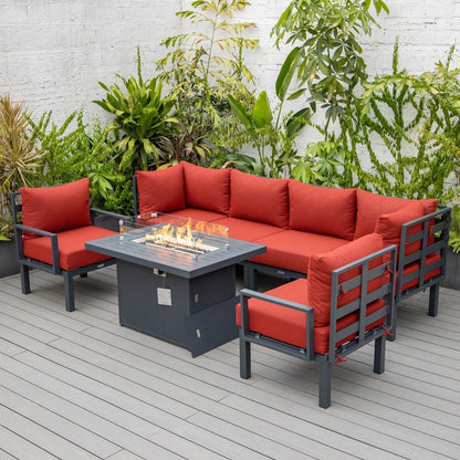 Chelsea 7-Piece Patio Sectional Set in Black Aluminum with Fire Pit Table - Elax Furniture