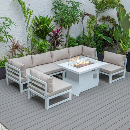 Chelsea 7-Piece Patio Sectional And Fire Pit Table In White Aluminum With Cushions - Elax Furniture