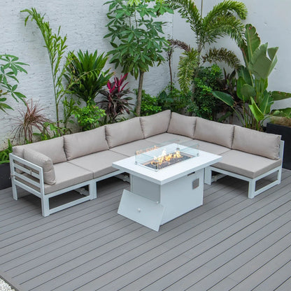 Chelsea 7-Piece Patio Sectional And Fire Pit Table In White Aluminum With Cushions - Elax Furniture
