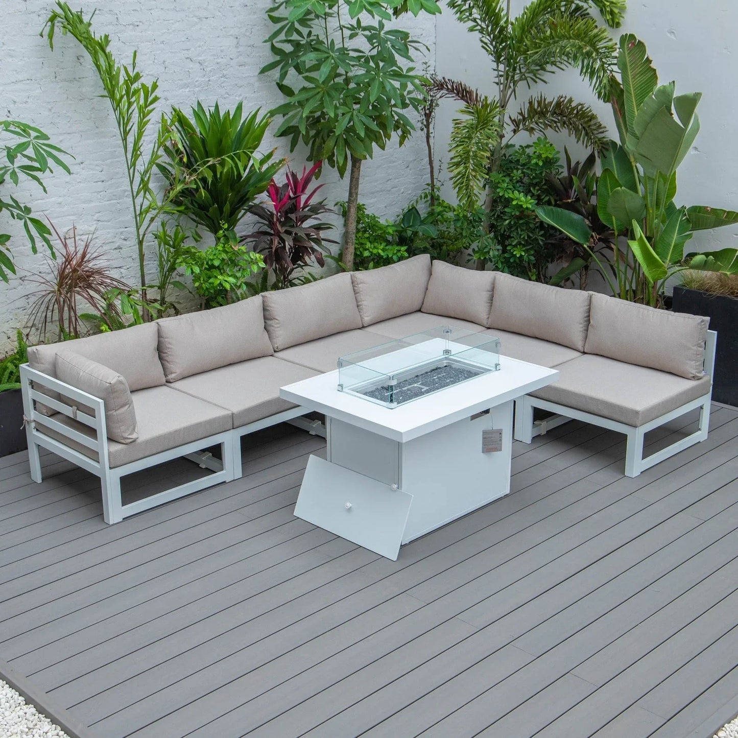 Chelsea 7-Piece Patio Sectional And Fire Pit Table In White Aluminum With Cushions - Elax Furniture