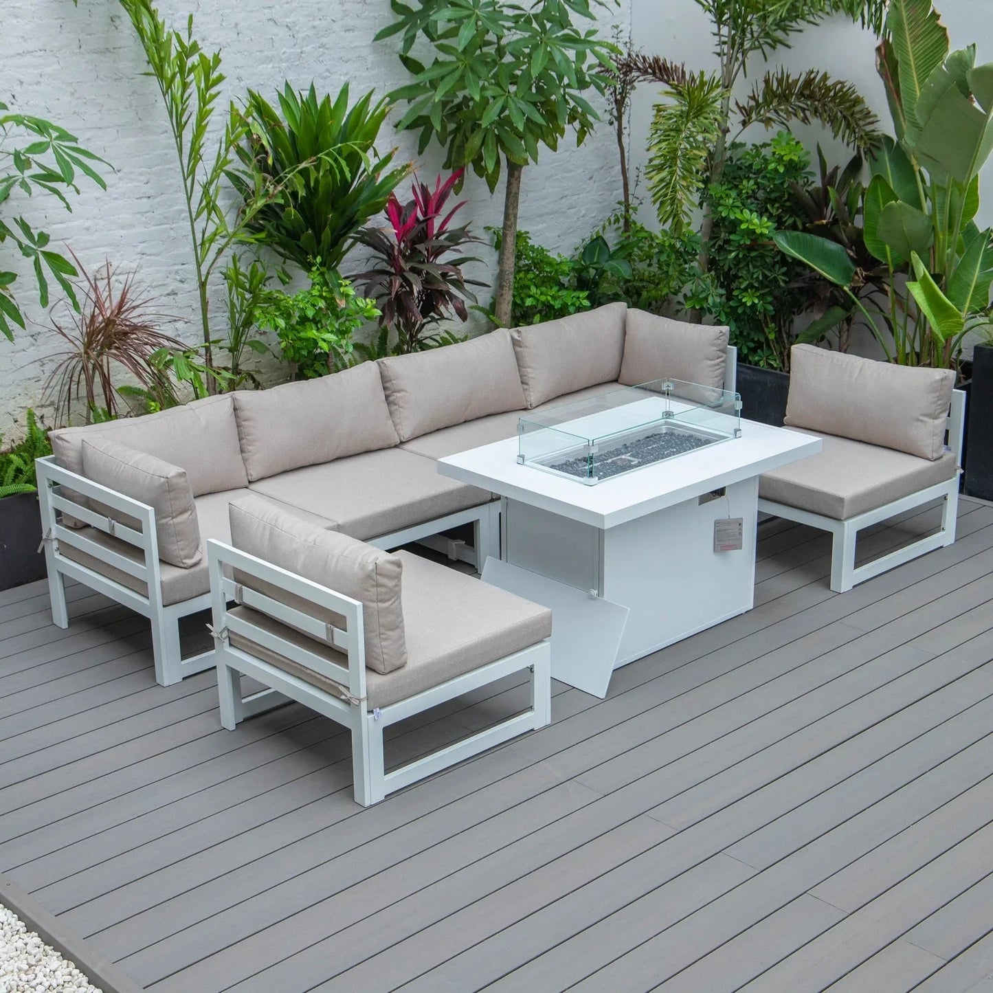 Chelsea 7-Piece Patio Sectional And Fire Pit Table In White Aluminum With Cushions - Elax Furniture