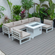 Chelsea 7-Piece Patio Sectional And Fire Pit Table In White Aluminum With Cushions - Elax Furniture