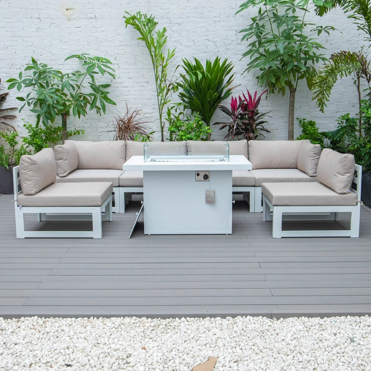 Chelsea 7-Piece Patio Sectional And Fire Pit Table In White Aluminum With Cushions - Elax Furniture
