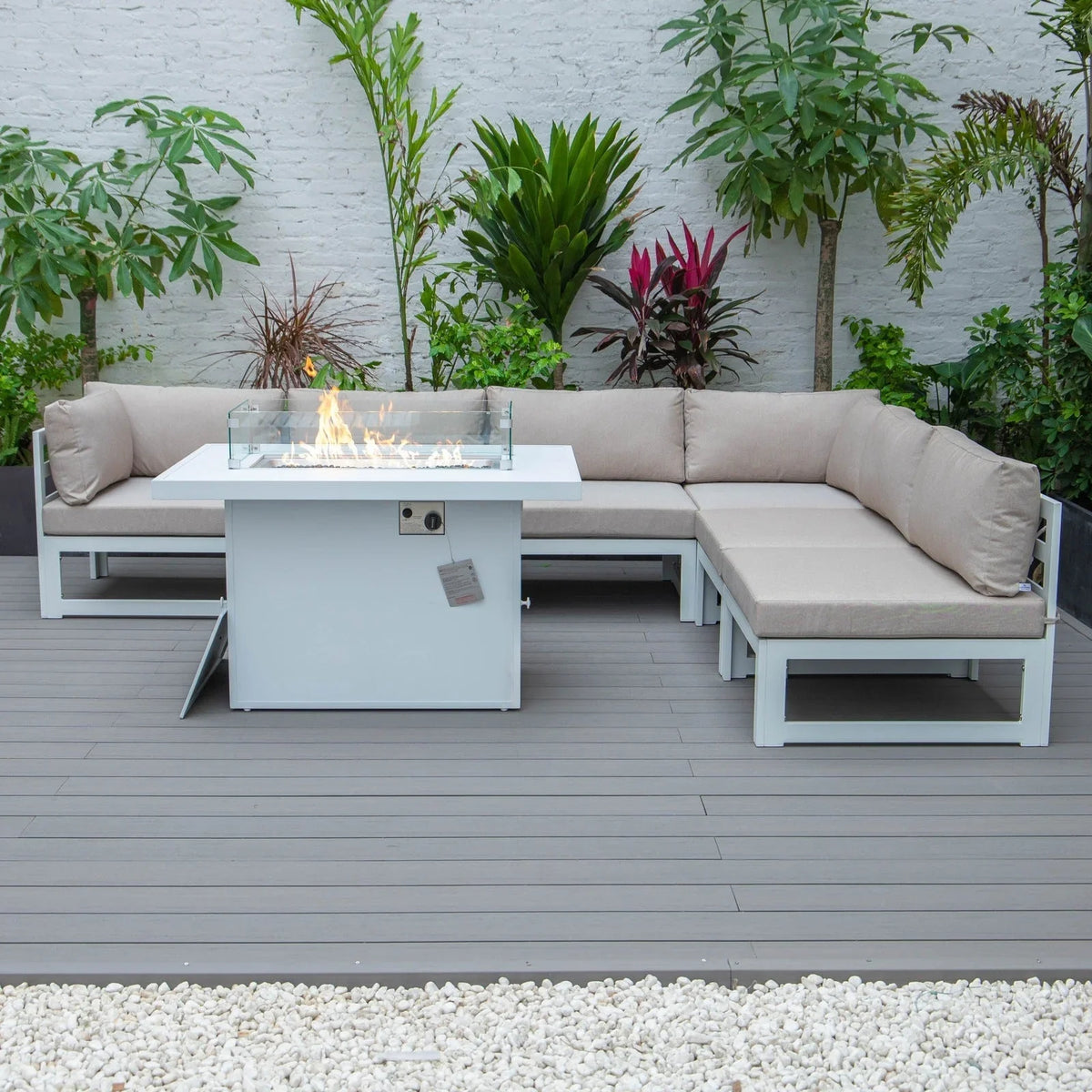 Chelsea 7-Piece Patio Sectional And Fire Pit Table In White Aluminum With Cushions - Elax Furniture