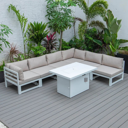 Chelsea 7-Piece Patio Sectional And Fire Pit Table In White Aluminum With Cushions - Elax Furniture