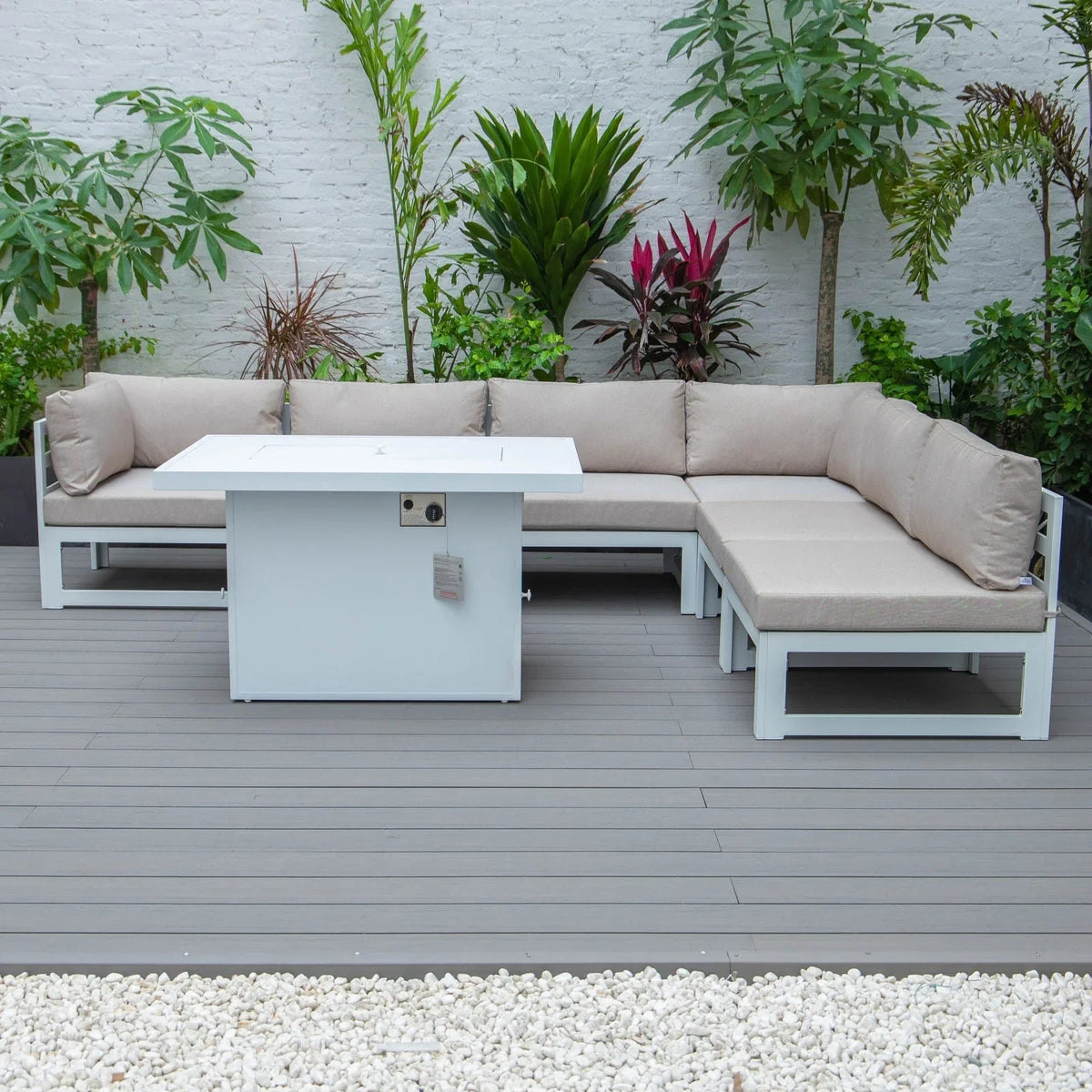 Chelsea 7-Piece Patio Sectional And Fire Pit Table In White Aluminum With Cushions - Elax Furniture