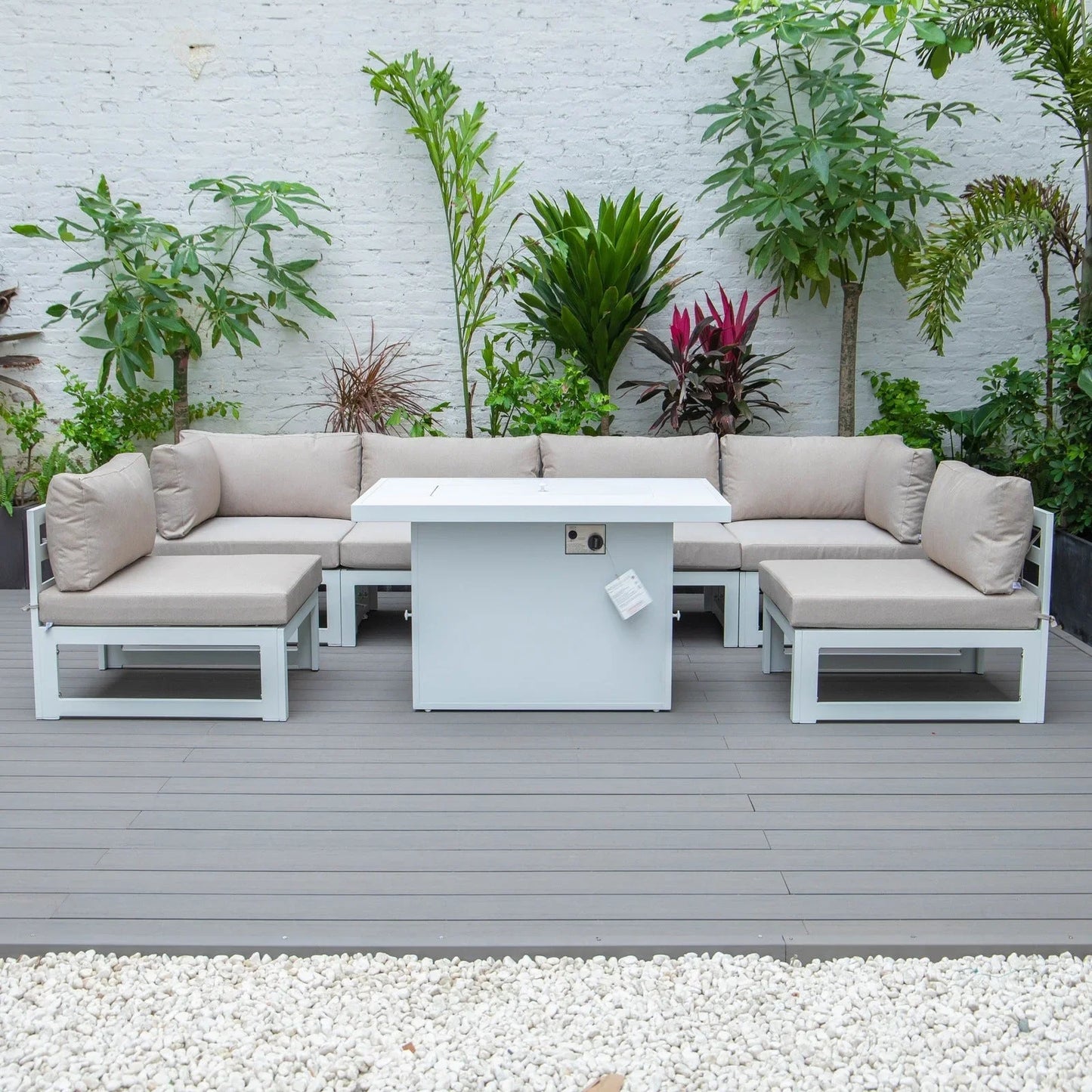 Chelsea 7-Piece Patio Sectional And Fire Pit Table In White Aluminum With Cushions - Elax Furniture