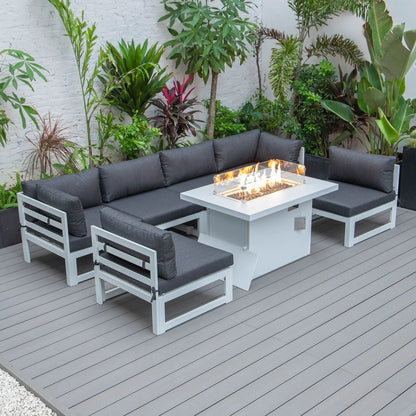 Chelsea 7-Piece Patio Sectional And Fire Pit Table In White Aluminum With Cushions - Elax Furniture