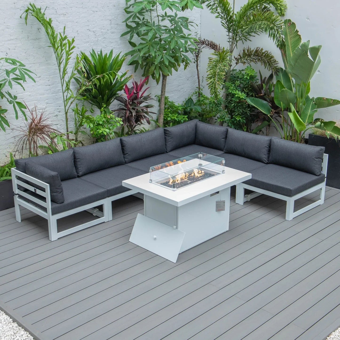 Chelsea 7-Piece Patio Sectional And Fire Pit Table In White Aluminum With Cushions - Elax Furniture