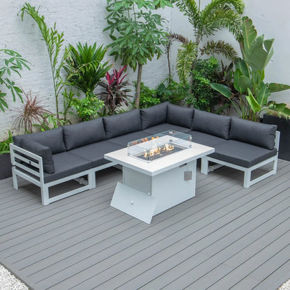 Chelsea 7-Piece Patio Sectional And Fire Pit Table In White Aluminum With Cushions - Elax Furniture