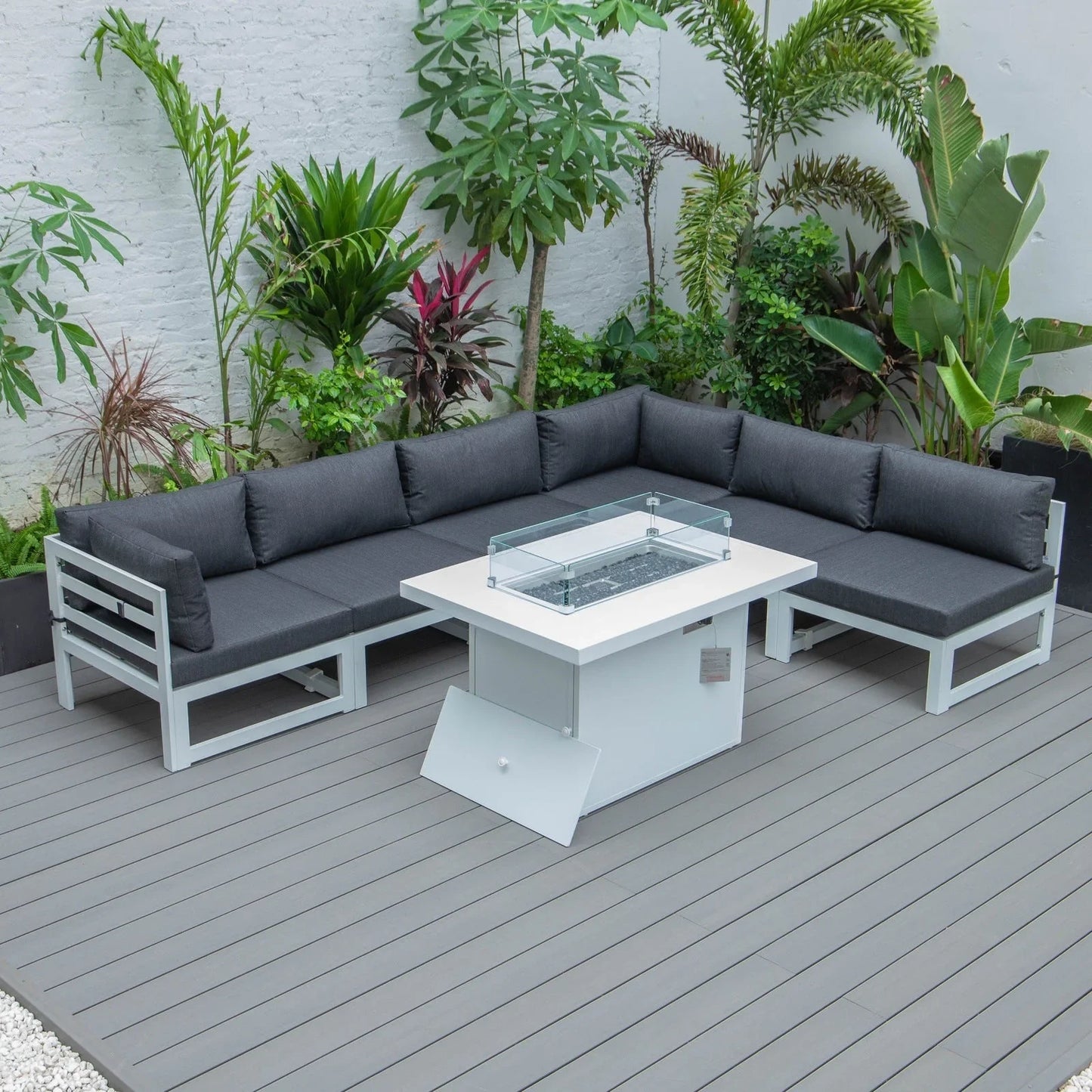Chelsea 7-Piece Patio Sectional And Fire Pit Table In White Aluminum With Cushions - Elax Furniture