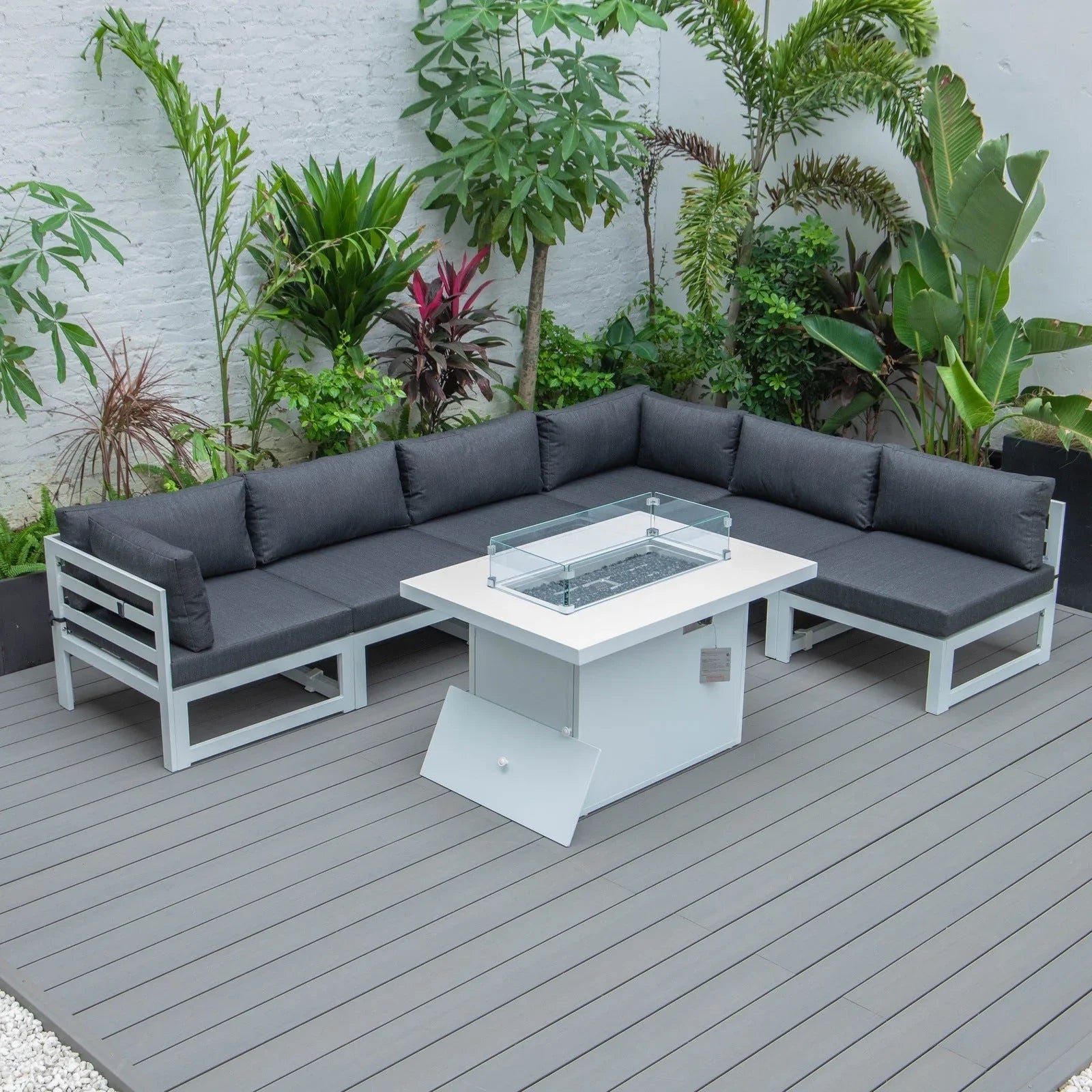 Chelsea 7-Piece Patio Sectional And Fire Pit Table In White Aluminum With Cushions - Elax Furniture