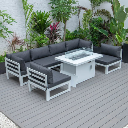 Chelsea 7-Piece Patio Sectional And Fire Pit Table In White Aluminum With Cushions - Elax Furniture