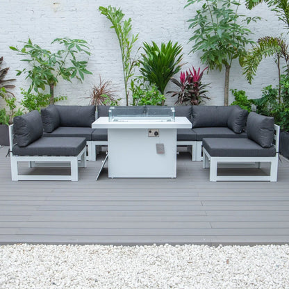 Chelsea 7-Piece Patio Sectional And Fire Pit Table In White Aluminum With Cushions - Elax Furniture