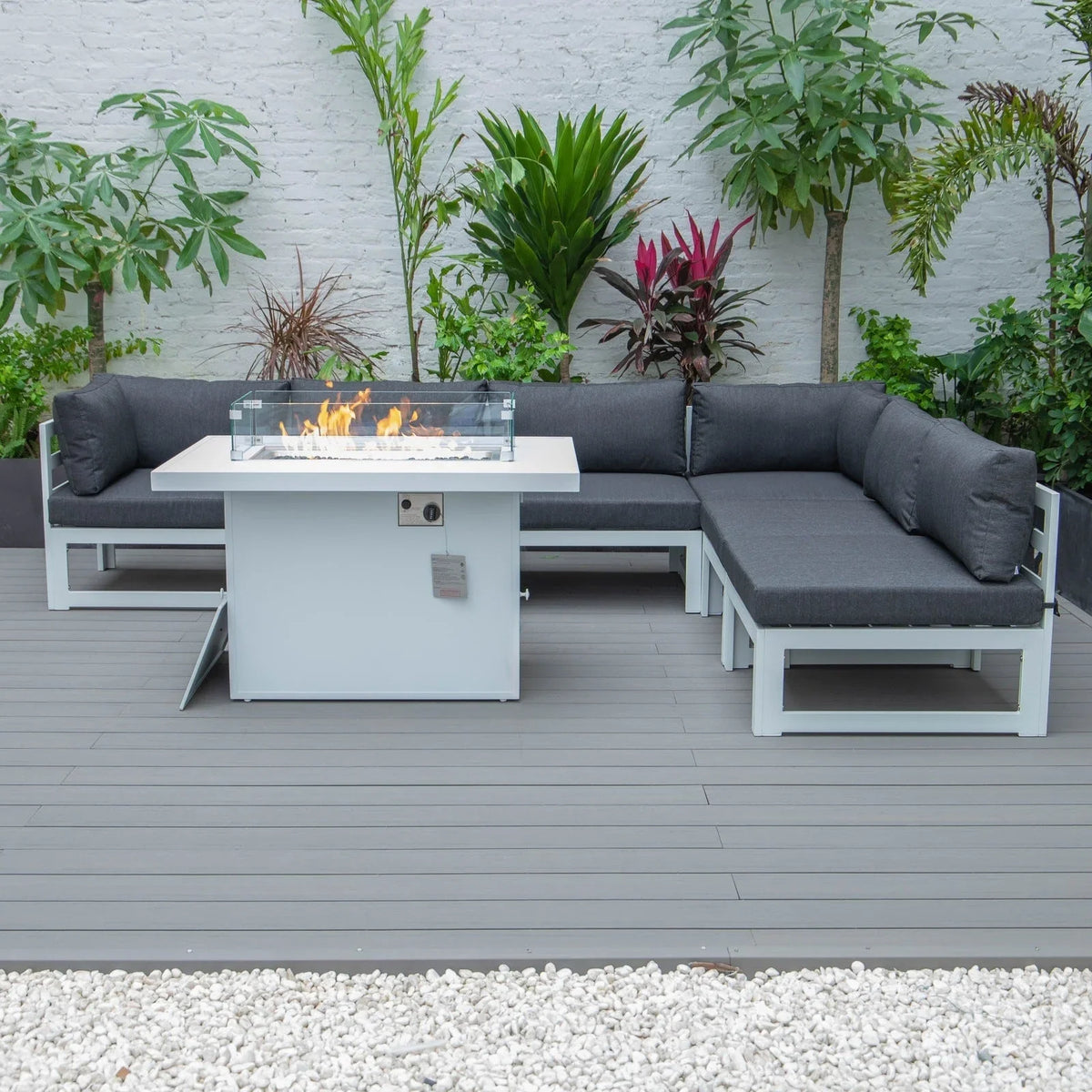 Chelsea 7-Piece Patio Sectional And Fire Pit Table In White Aluminum With Cushions - Elax Furniture