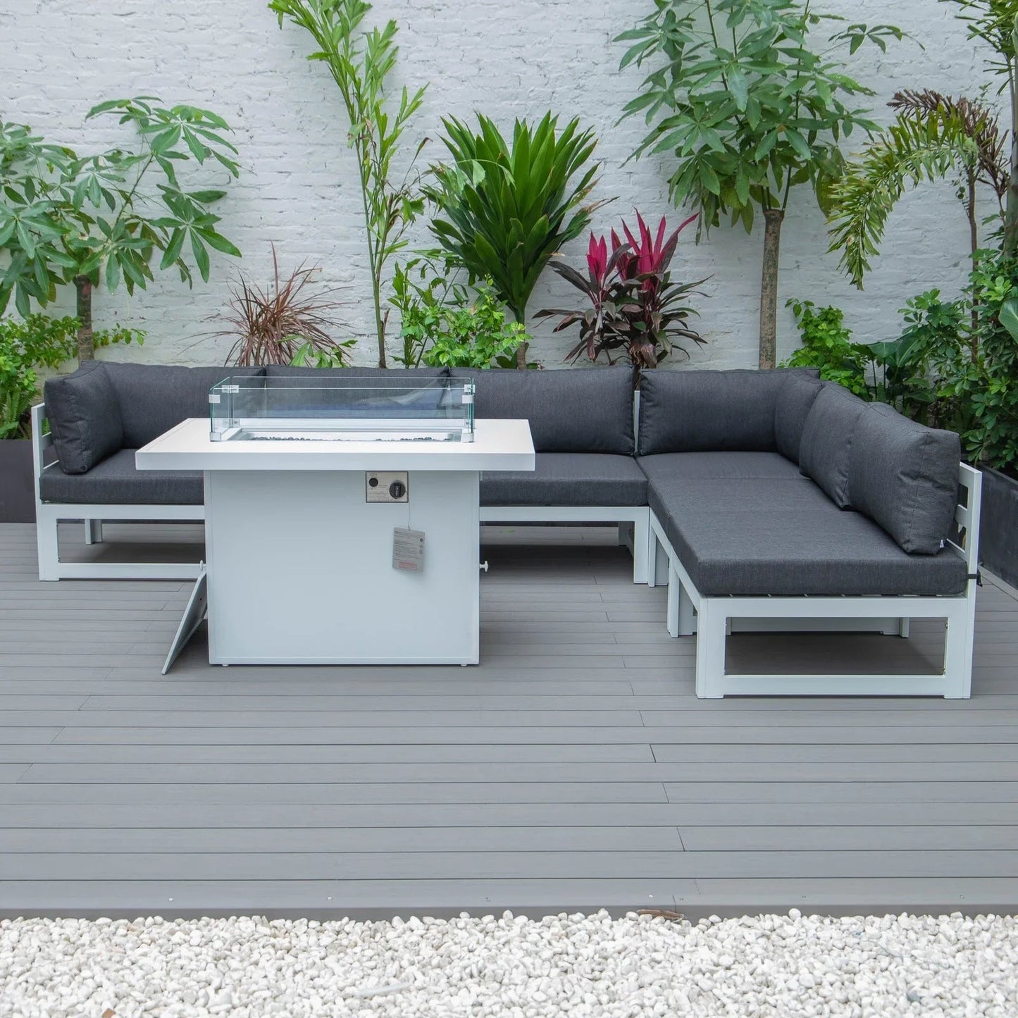 Chelsea 7-Piece Patio Sectional And Fire Pit Table In White Aluminum With Cushions - Elax Furniture