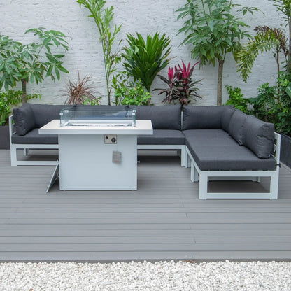 Chelsea 7-Piece Patio Sectional And Fire Pit Table In White Aluminum With Cushions - Elax Furniture