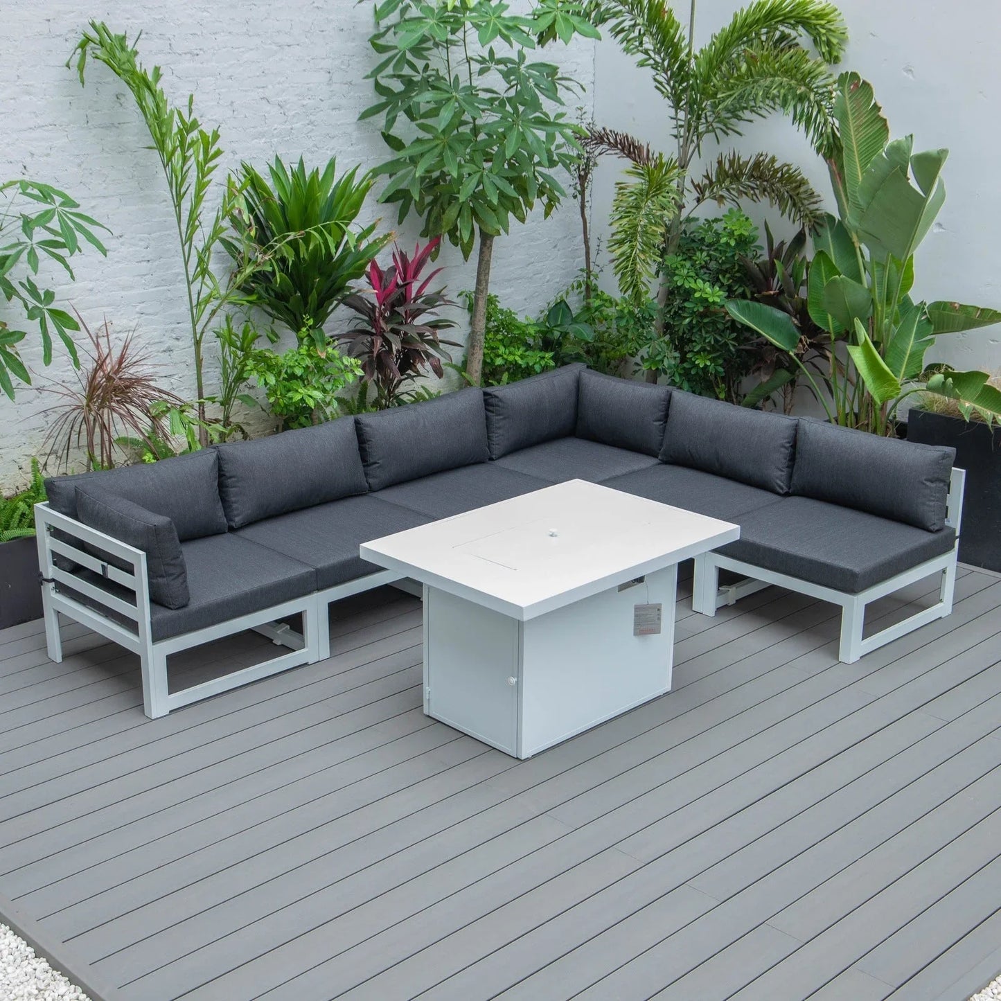 Chelsea 7-Piece Patio Sectional And Fire Pit Table In White Aluminum With Cushions - Elax Furniture