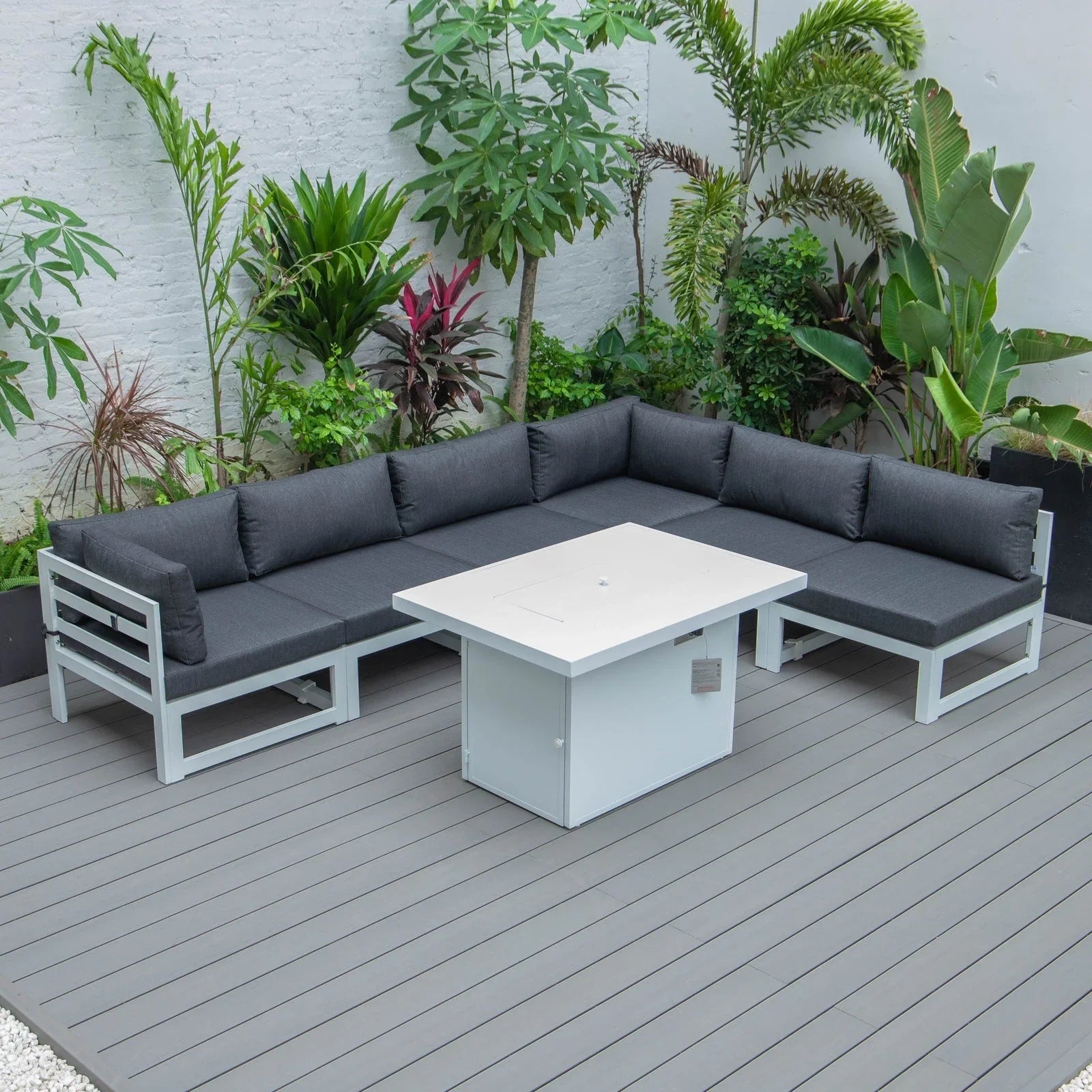 Chelsea 7-Piece Patio Sectional And Fire Pit Table In White Aluminum With Cushions - Elax Furniture