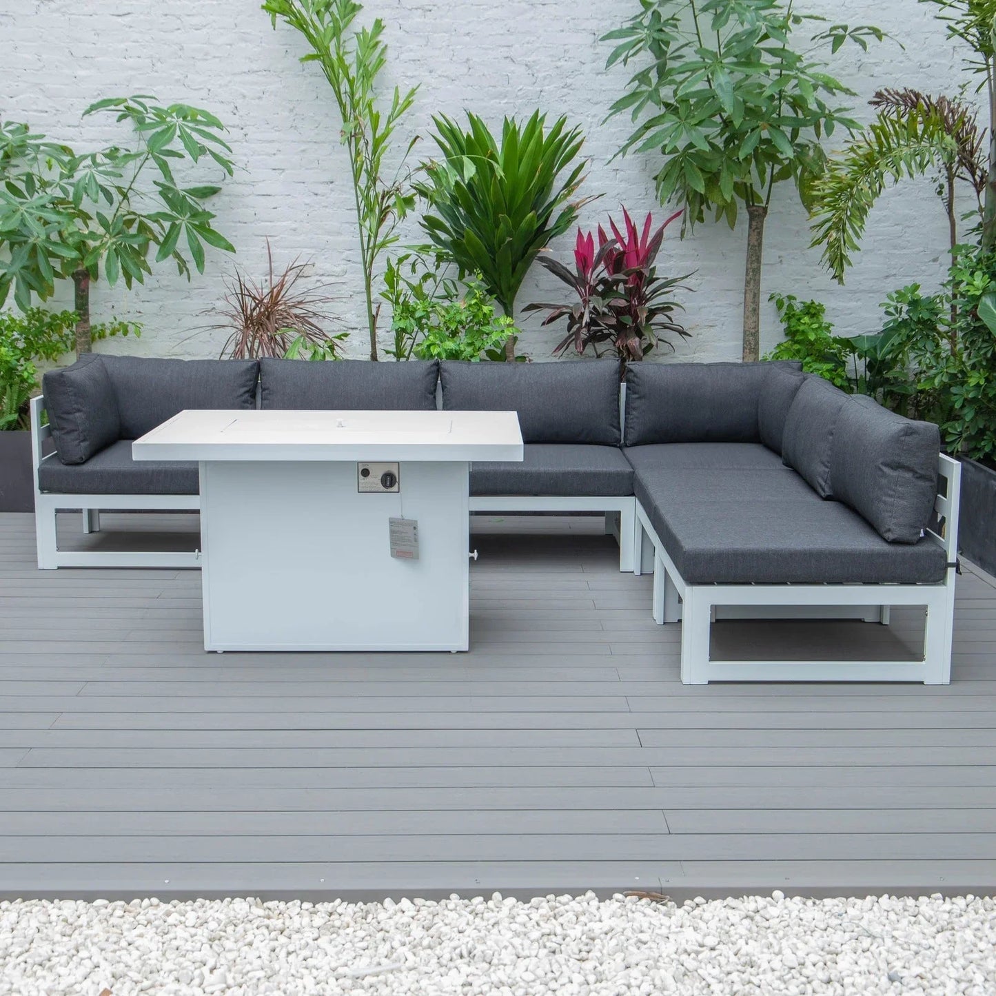 Chelsea 7-Piece Patio Sectional And Fire Pit Table In White Aluminum With Cushions - Elax Furniture