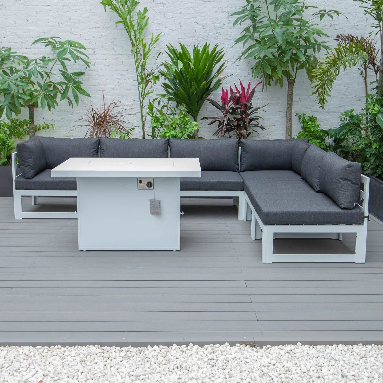 Chelsea 7-Piece Patio Sectional And Fire Pit Table In White Aluminum With Cushions - Elax Furniture