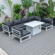 Chelsea 7-Piece Patio Sectional And Fire Pit Table In White Aluminum With Cushions - Elax Furniture