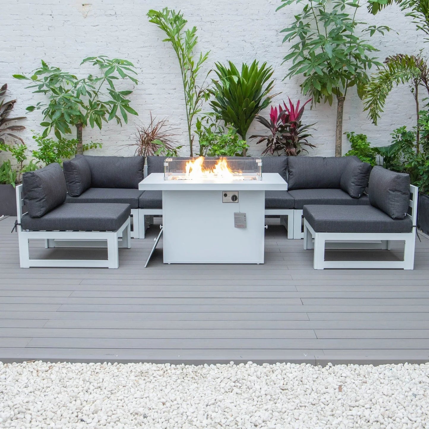 Chelsea 7-Piece Patio Sectional And Fire Pit Table In White Aluminum With Cushions - Elax Furniture