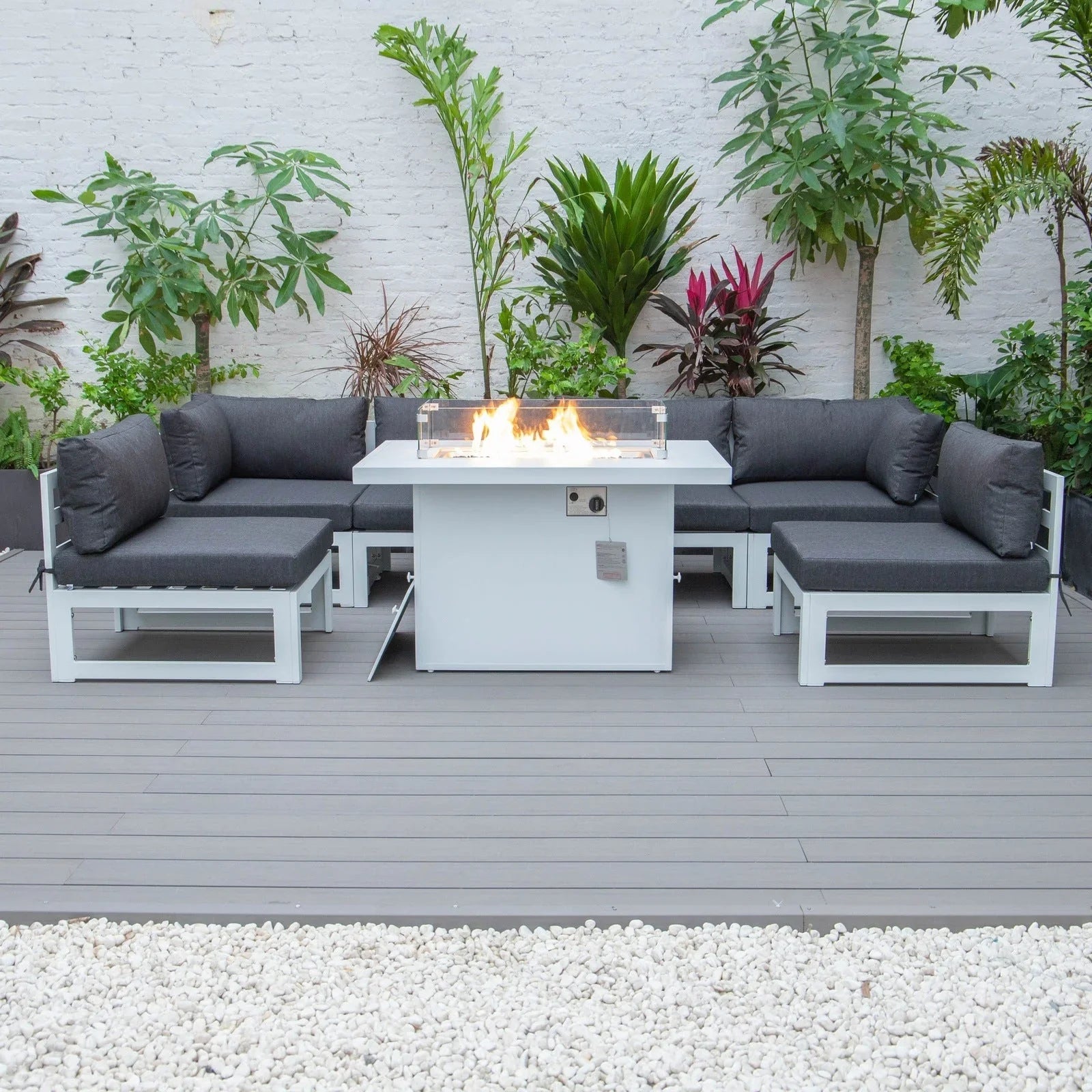 Chelsea 7-Piece Patio Sectional And Fire Pit Table In White Aluminum With Cushions - Elax Furniture