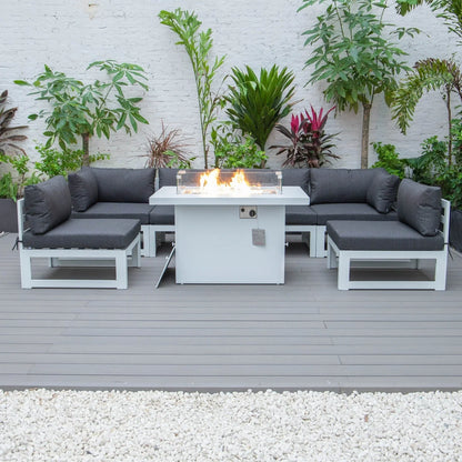 Chelsea 7-Piece Patio Sectional And Fire Pit Table In White Aluminum With Cushions - Elax Furniture