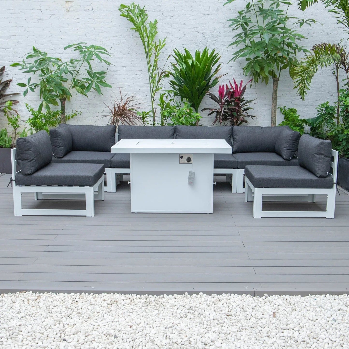 Chelsea 7-Piece Patio Sectional And Fire Pit Table In White Aluminum With Cushions - Elax Furniture