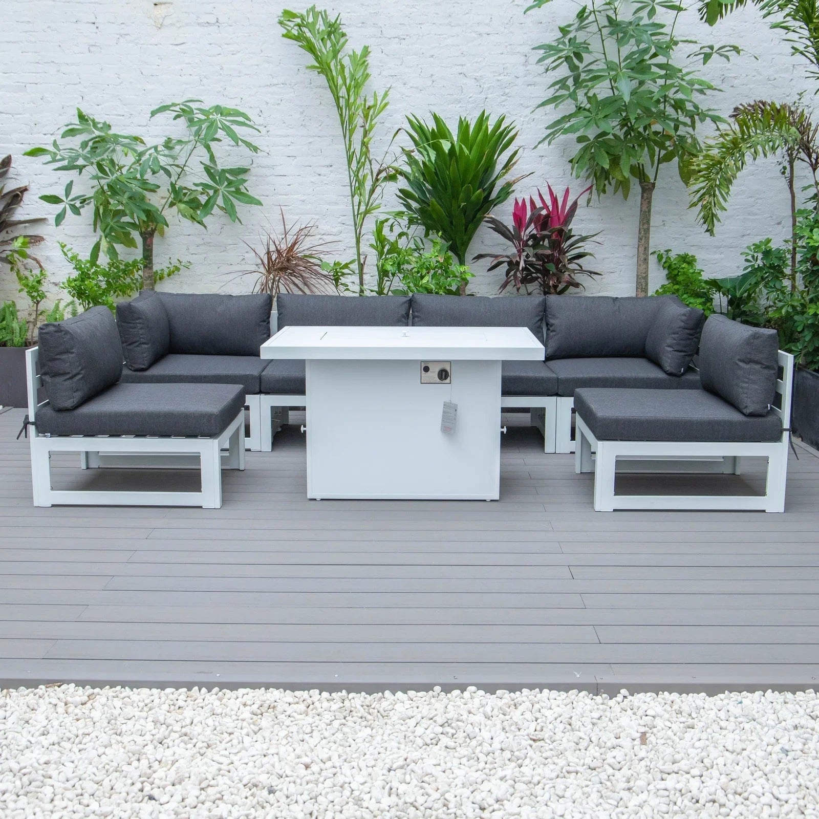 Chelsea 7-Piece Patio Sectional And Fire Pit Table In White Aluminum With Cushions - Elax Furniture
