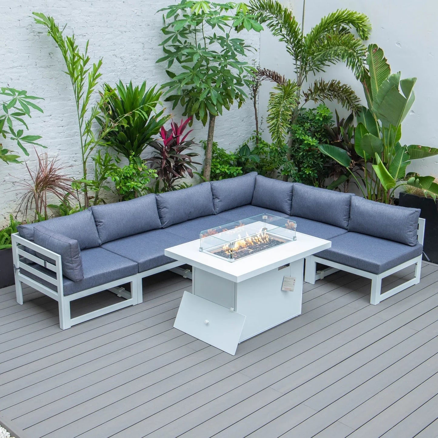 Chelsea 7-Piece Patio Sectional And Fire Pit Table In White Aluminum With Cushions - Elax Furniture