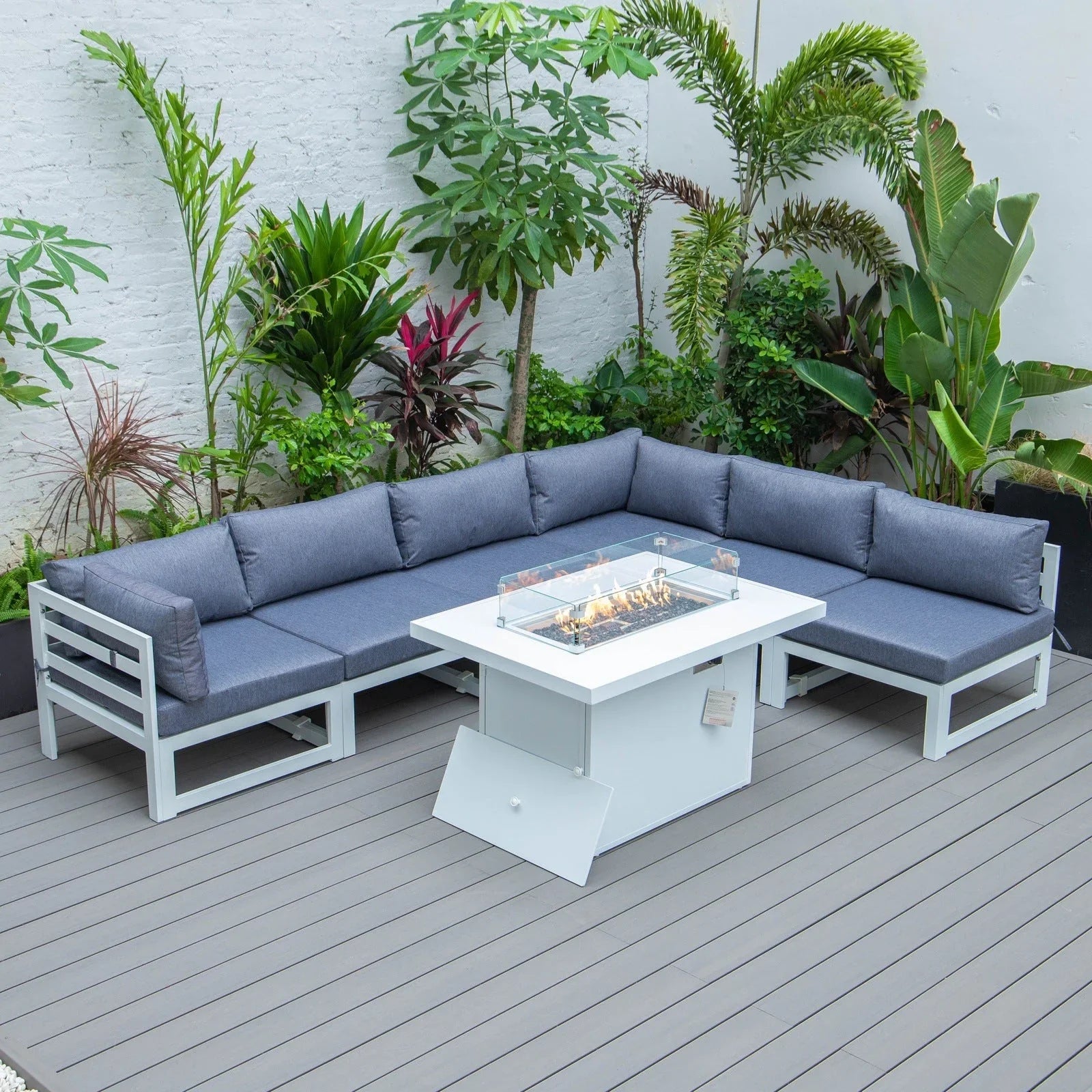 Chelsea 7-Piece Patio Sectional And Fire Pit Table In White Aluminum With Cushions - Elax Furniture