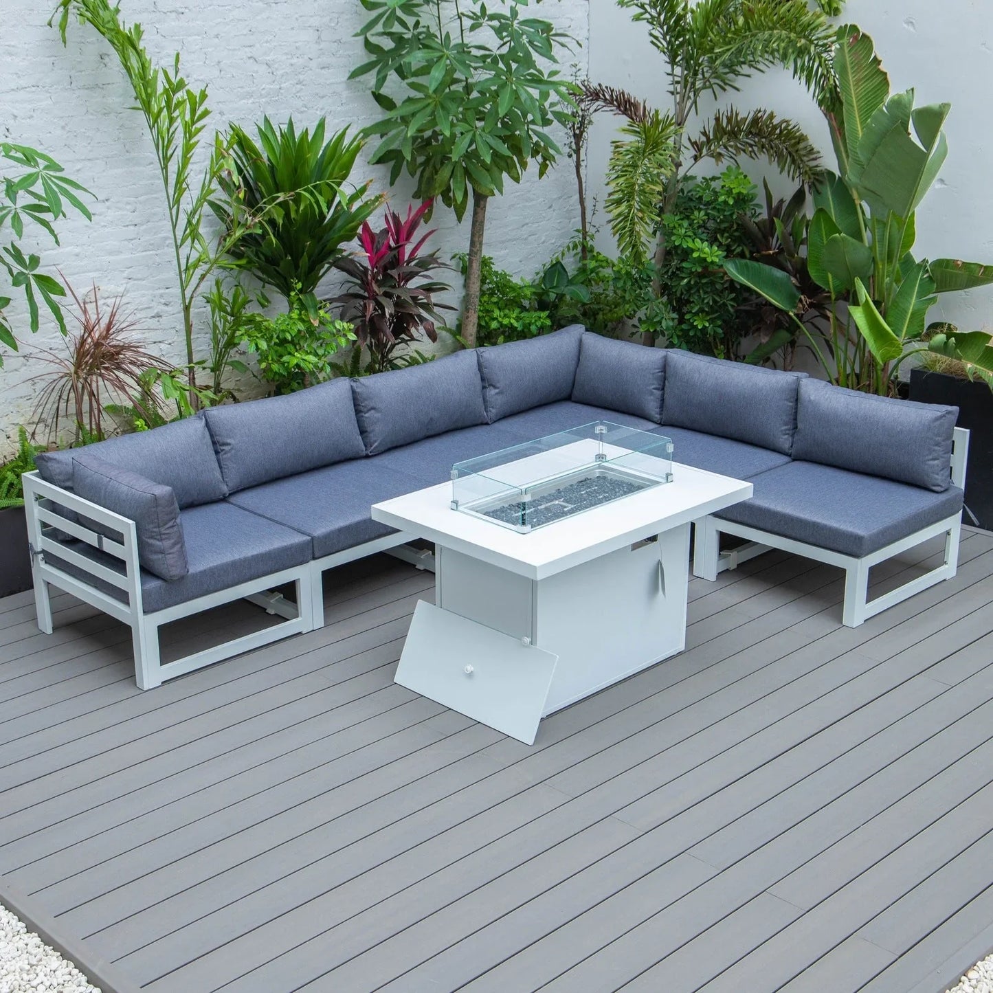 Chelsea 7-Piece Patio Sectional And Fire Pit Table In White Aluminum With Cushions - Elax Furniture